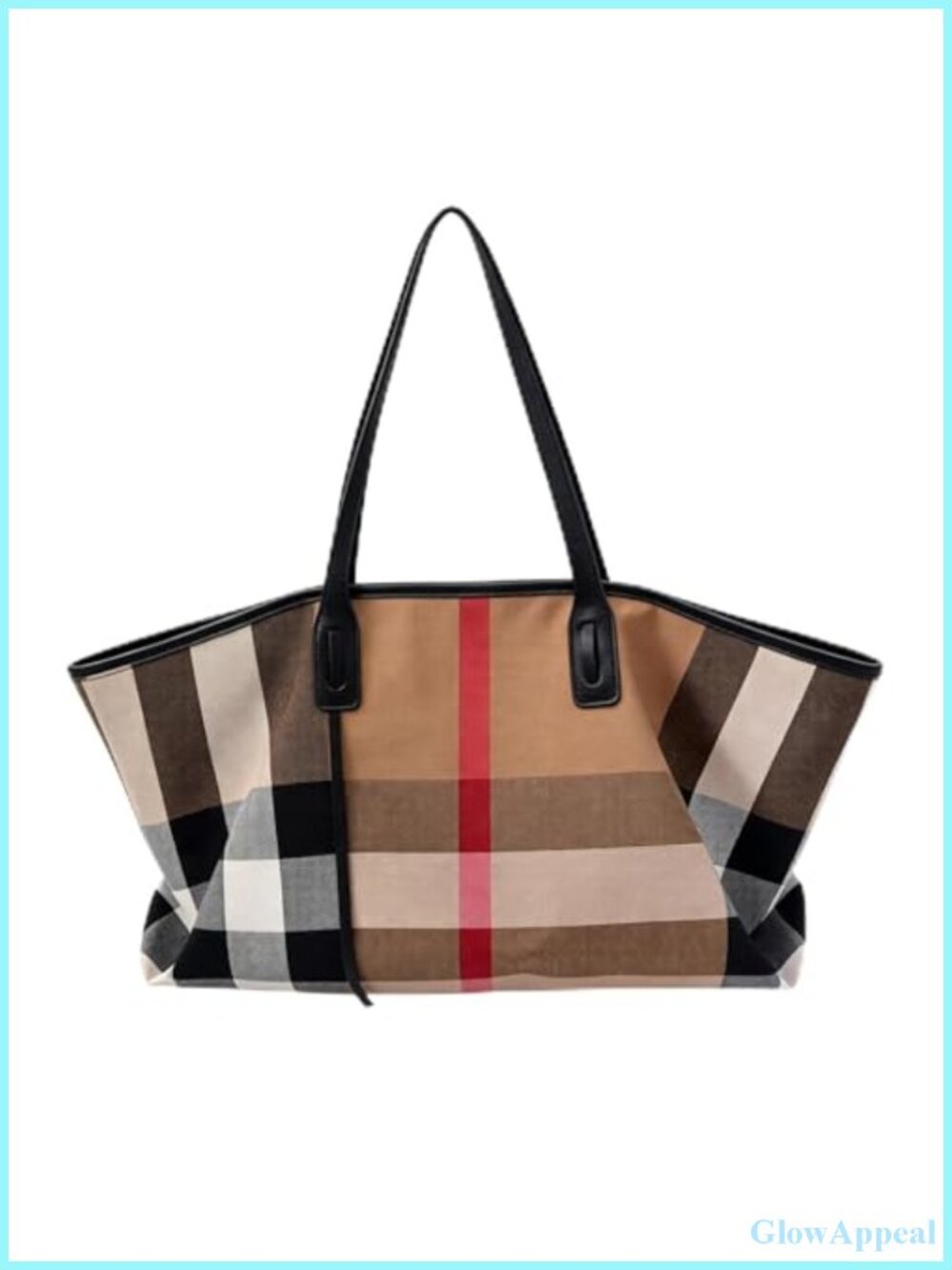 Large Checkered Canvas Work Tote with Faux Leather Handles, Zipper
